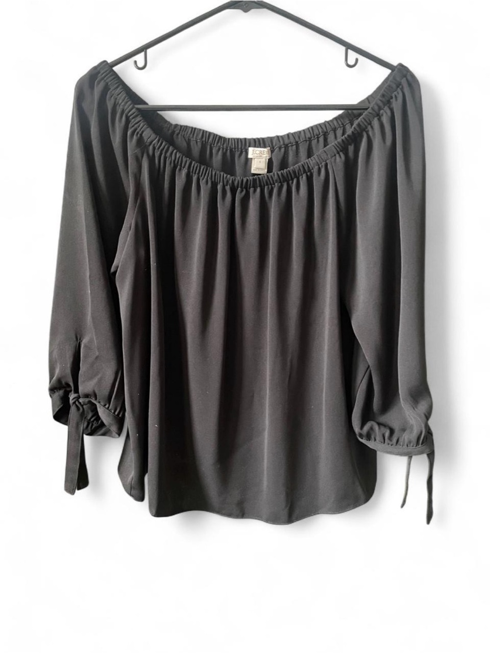 J. CREW Off the Shoulder Black Blouse Tie Sleeves Peasant Top Cottagecore Sz S